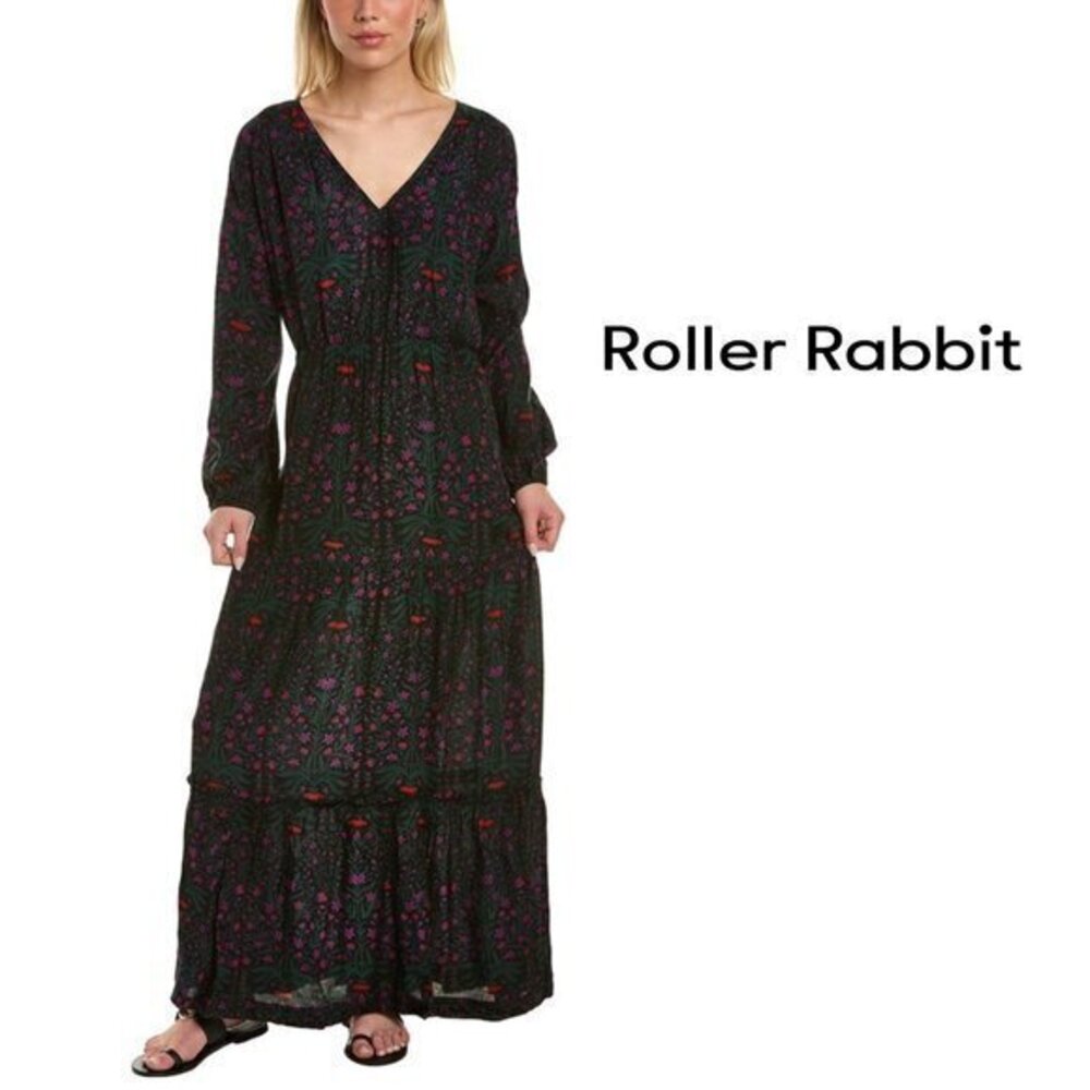 Roller Rabbit Small Floral Maxi Dress Rhone Berkley Long Sleeve V Neck Black